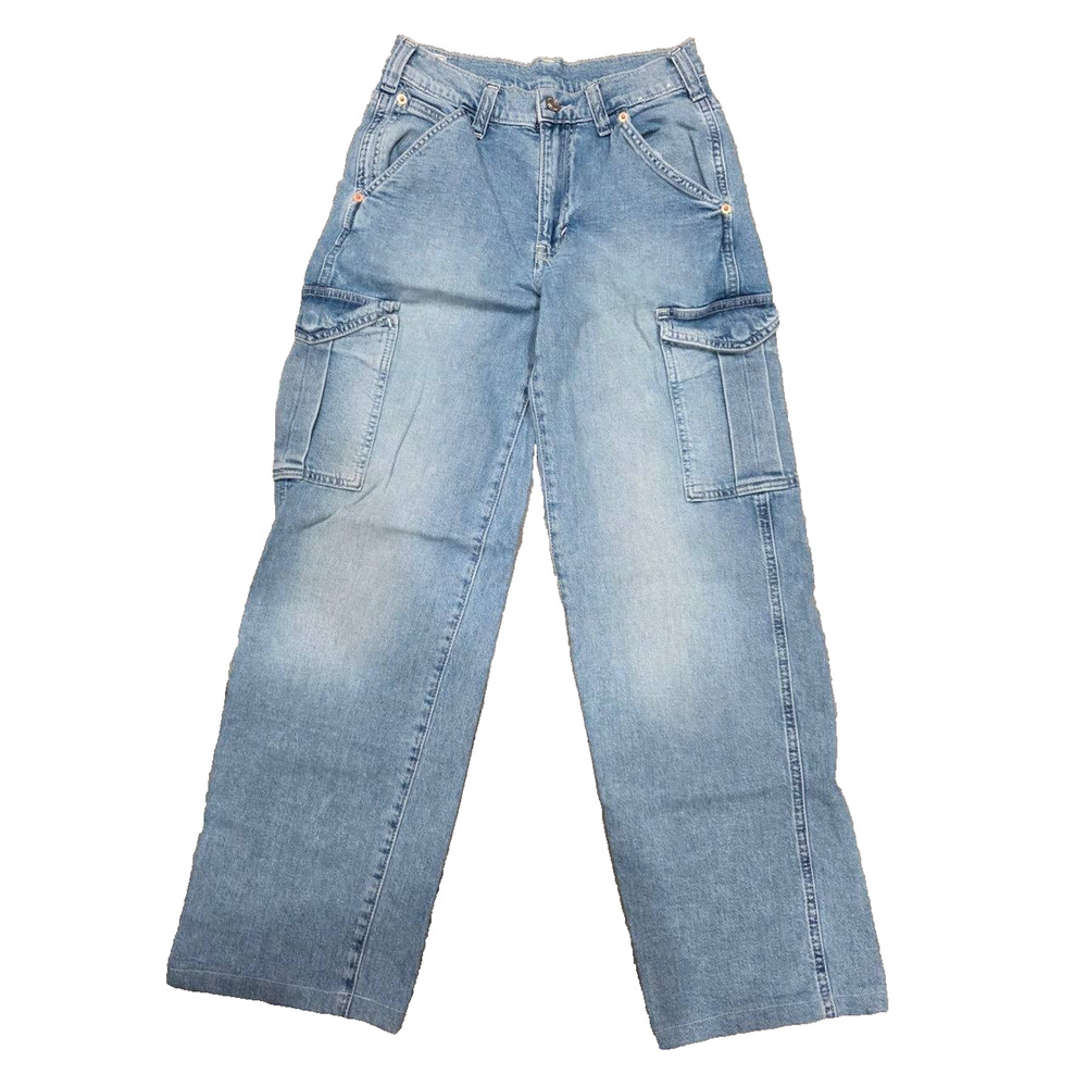 GAP 90's Loose Mid Rise cotton Cargo Jeans Women 24 Wide Leg Blue Denim A003268 - Picture 2 of 13